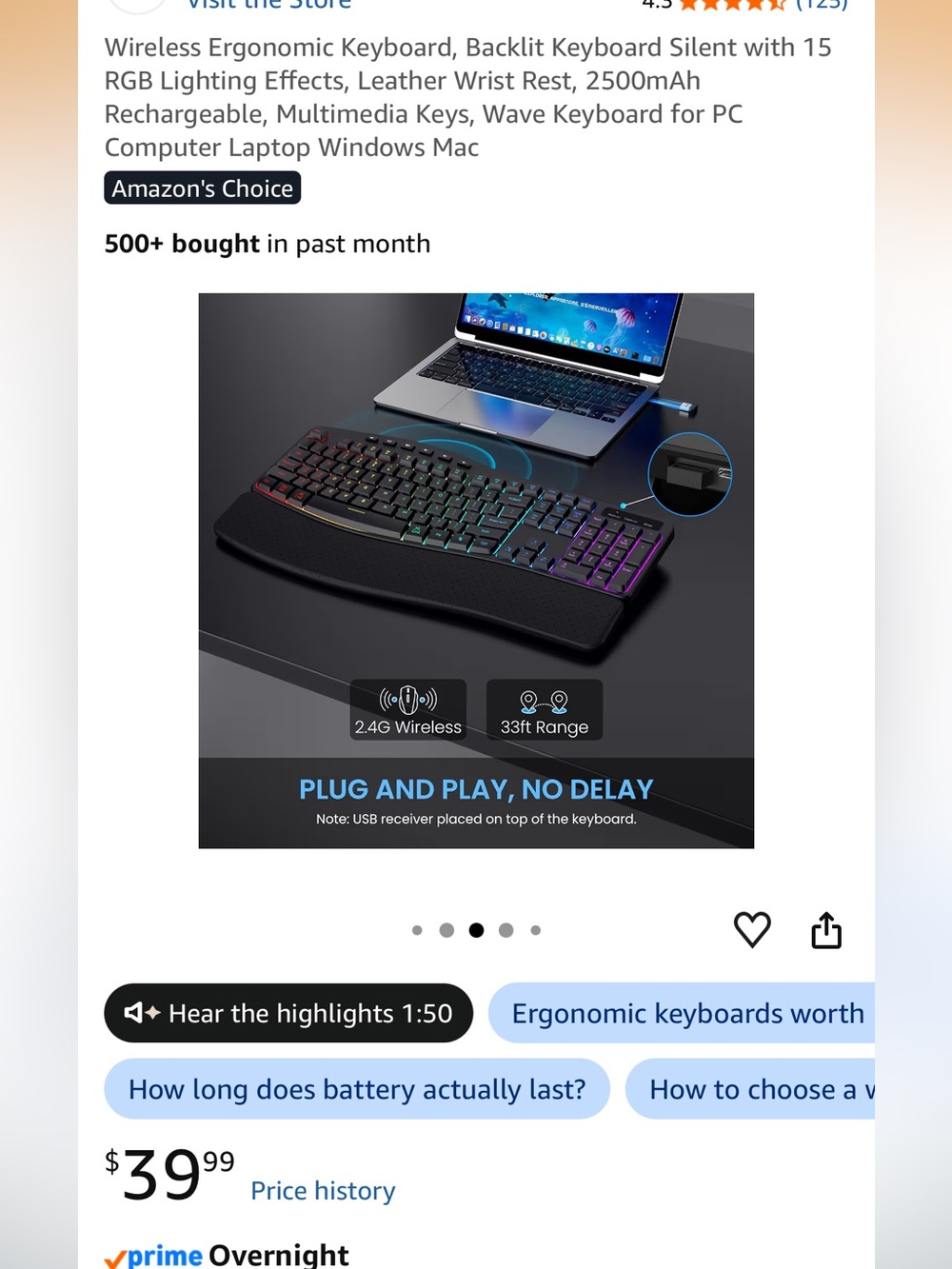 Wireless Backlit Ergonomic Keyboard - Picture 6 of 7